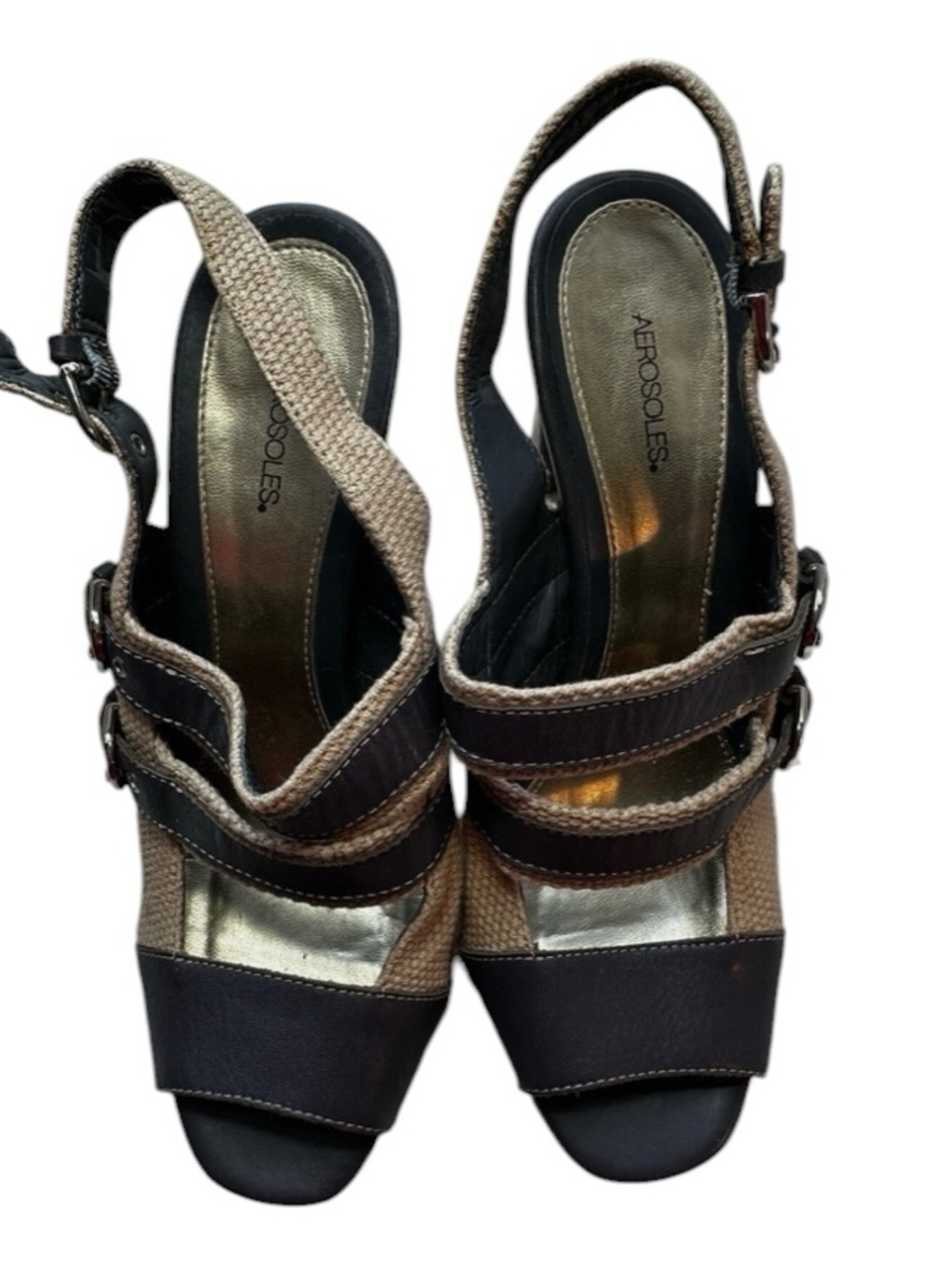 AEROSOLES Black and Brown Strappy Slingback Heels